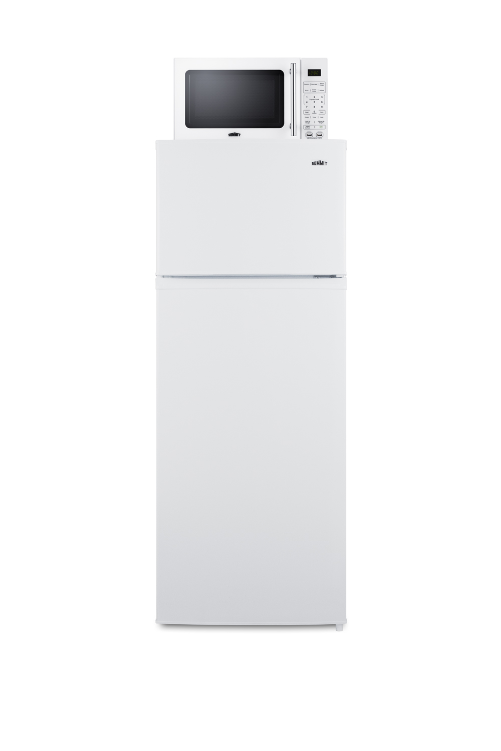 2-door mid-sized refrigerator-freezer and compact microwave in white with allocator and USB ports for 1-plug operation; ships in three boxes on one pallet